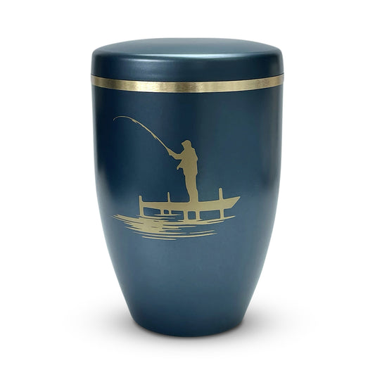 Beautiful soft blue cremation urn with a fisherman on a jetty