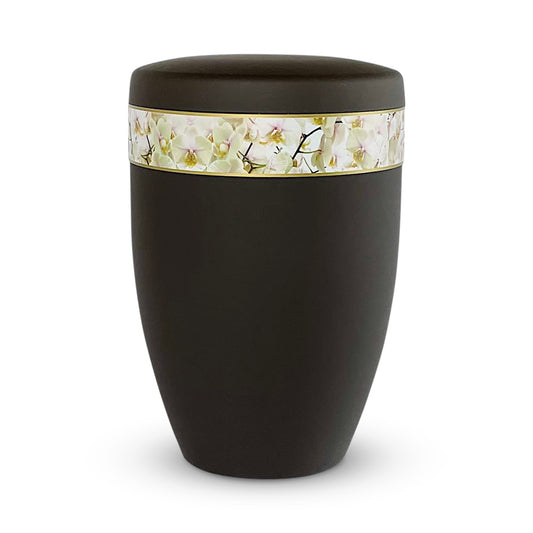 Elegant black urn for ashes with a beautiful photo band of delicate orchids.