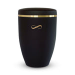 Elegant black funeral urn with golden infinity symbol.