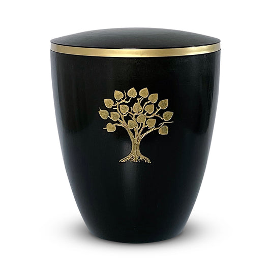 Black cremation urn with golden tree of life and a delicate gold band.