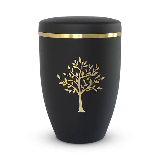 Elegant mat black urn for ashes with golden tree of life.