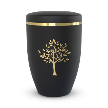 Elegant mat black urn for ashes with golden tree of life.