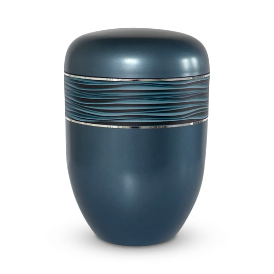 Beautiful subtly pearlised cremation urn with an elegant wave pattern band.