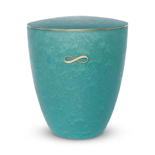 Stunning emerald green coloured cremation urn with a delicate golden infinity symbol.