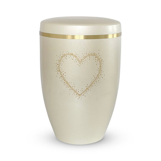Stunning cream coloured urn for ashes with a subtle shimmer and golden heart.