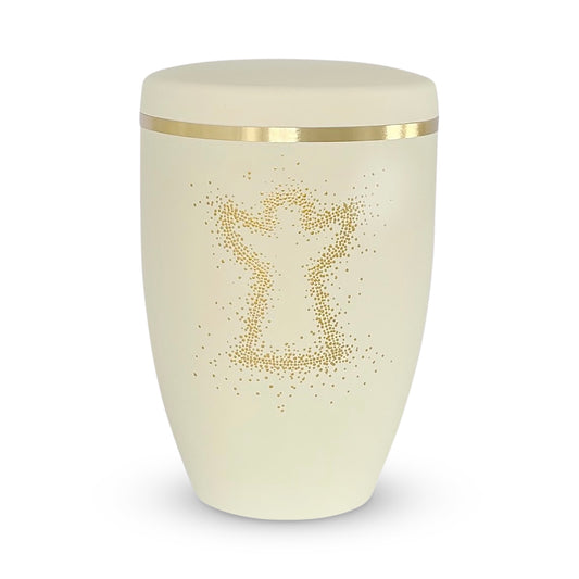 Ivory coloured urn for ashes with a beautiful hand painted golden angel in dot art.