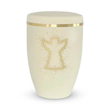 Ivory coloured urn for ashes with a beautiful hand painted golden angel in dot art.