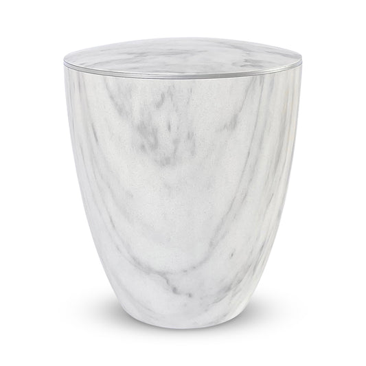 Elegant marble imitation funeral urn with a delicate silver ring.