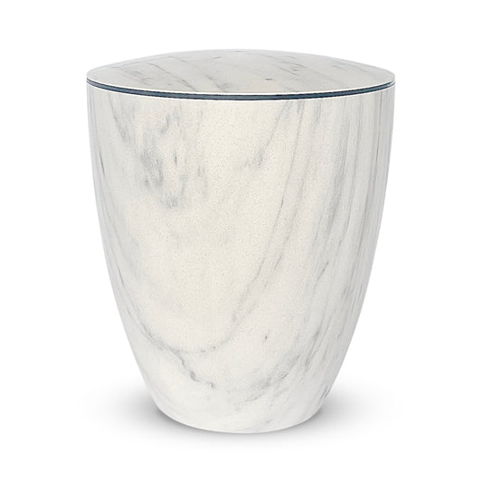 Elegant white marble imitation urn with a delicate black mourning band.