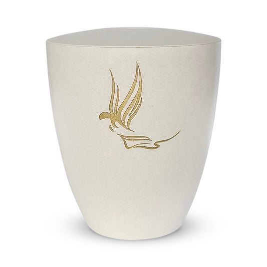 Off-white cremation urn with a beautiful engraved golden angel.