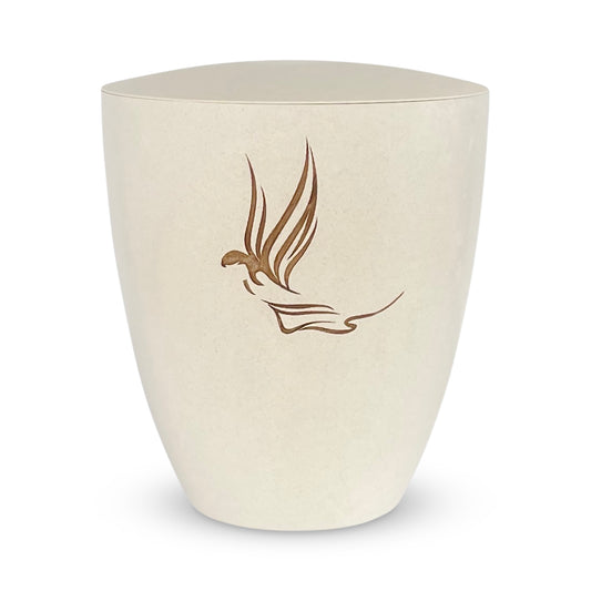 Beautiful off-white urn for ashes with engraving of an angel.