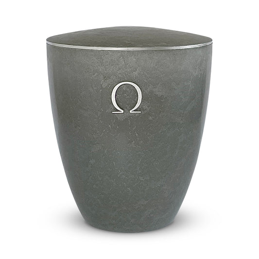 Elegant stone grey urn for ashes with a silver Omega symbol and delicate silver ring around the lid.