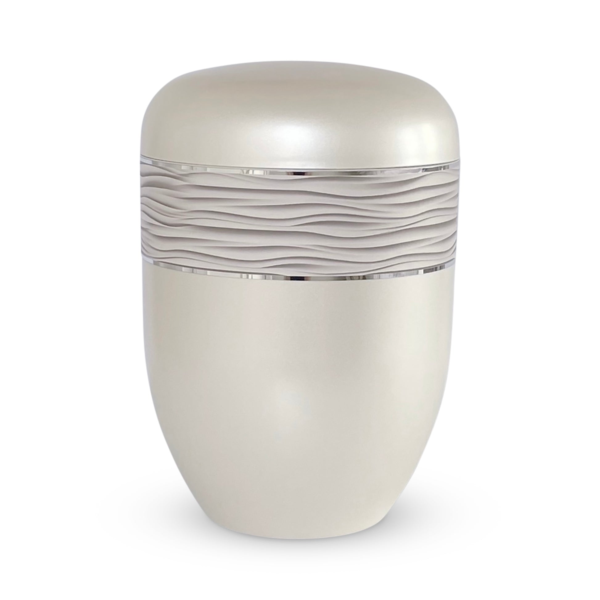 White subtly pearlised urn for ashes with an elegant sand pattern.