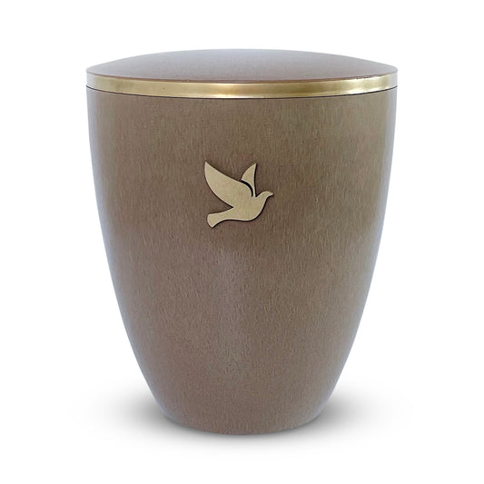 Beautiful sand coloured cremation urn with a golden dove symbol.