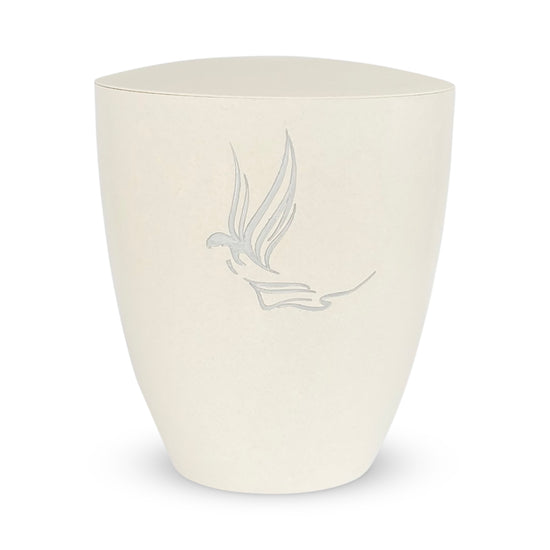 Beautiful off-white coloured cremation urn with an engraved angel hand painted in liquid silver.