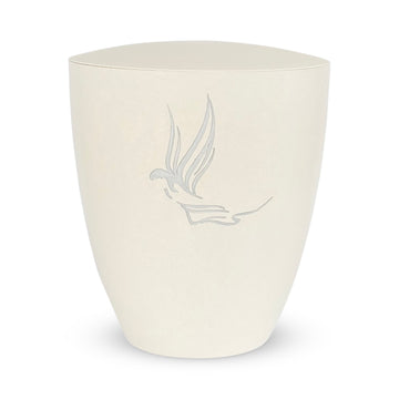 Beautiful off-white coloured cremation urn with an engraved angel hand painted in liquid silver.