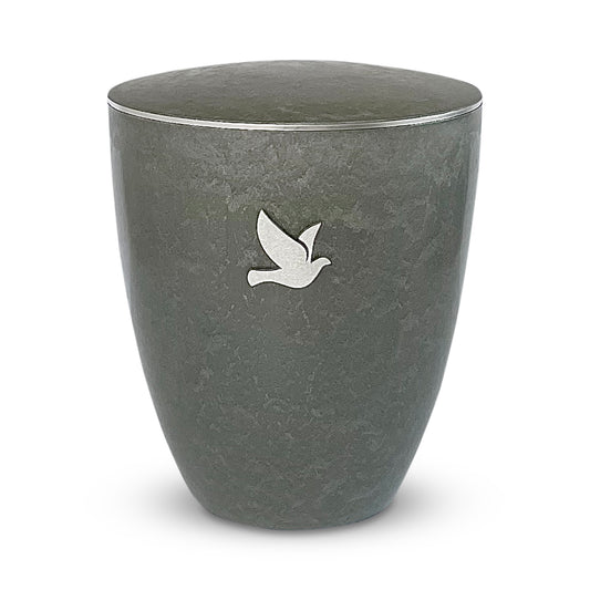 Elegant silver grey cremation urn with silver dove detail and delicate silver ring around lid.