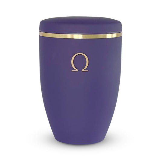 Stunning violet coloured funeral urn with delicate golden omega symbol.