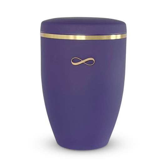 Elegant violet cremation urn with golden infinity symbol.