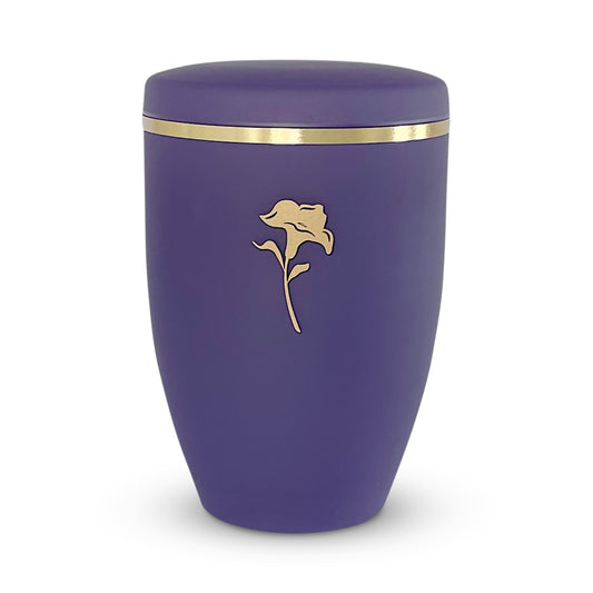 Stunning violet coloured cremation urn with an elegant golden lily.