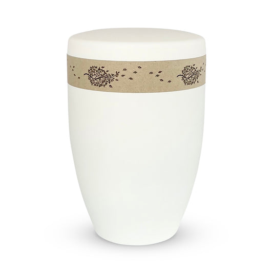Beautiful white cremation urn with an elegant  sand coloured band with drawings of falling leaves.