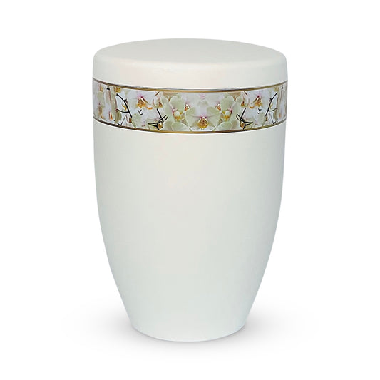 Beautiful white urn for ashes with a delicate band of orchids.