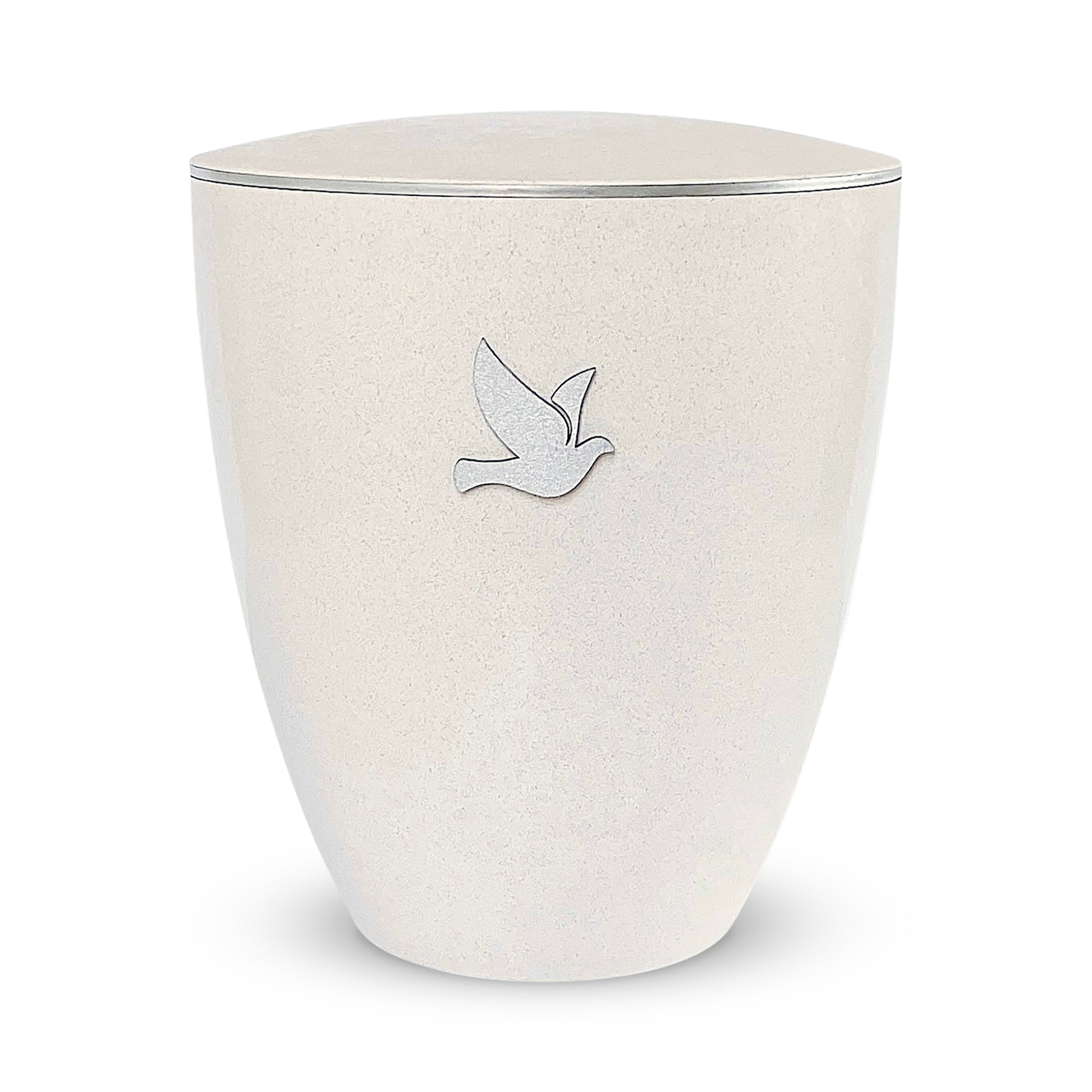 Stunning off-white cremation urn with a silver dove .