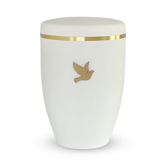Beautiful white urn for ashes with golden dove.