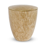 Beautiful birdseye maple wood imitation urn for ashes with an elegant golden band around the lid.