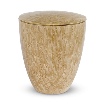 Beautiful birdseye maple wood imitation urn for ashes with an elegant golden band around the lid.