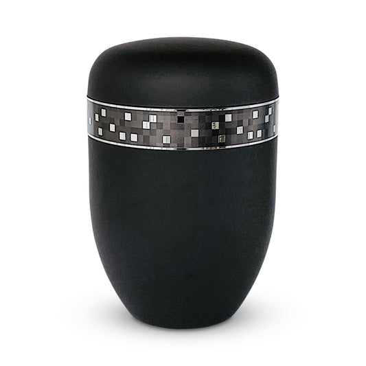 Elegant black cremation urn with a stunning band of a silver reflective pattern.