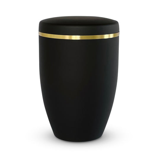 Elegant mat black cremation urn with a delicate gold band.