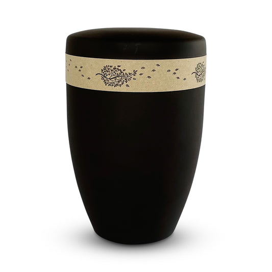 Elegant black funeral urn with a beautiful natural coloured band of delicate black falling leaves.