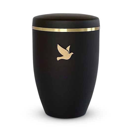 Elegant black cremation urn with a golden dove.