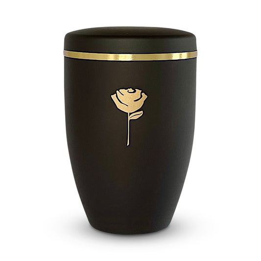 Elegant black funeral urn with a delicate golden rose symbol.