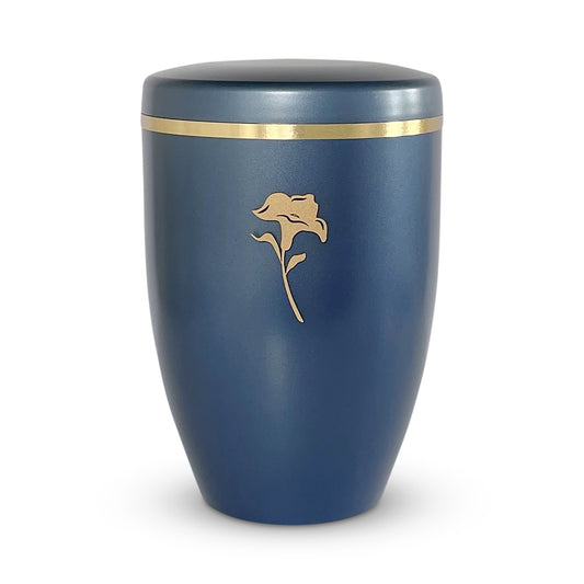 Elegant soft blue cremation urn with a subtle shimmer. The urn features the symbol of a golden lily and has an elegant golden ban.