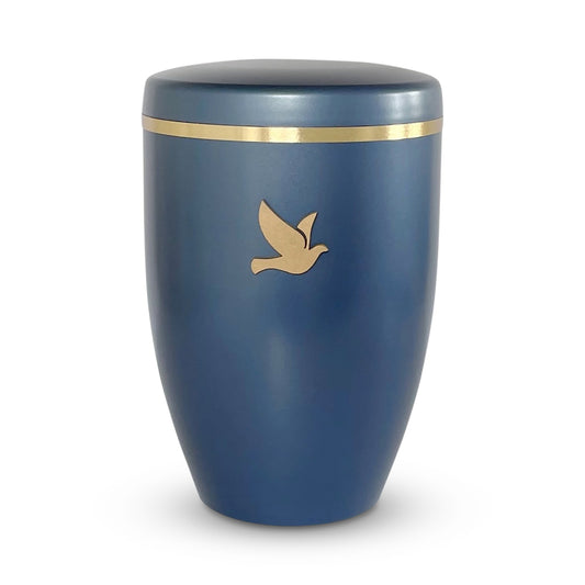 Beautiful soft blue cremation urn with a subtle shimmer and an elegant symbol of a golden dove.