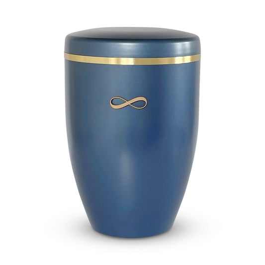Beautiful soft blue funeral urn with a subtle shimmer. and golden infinity symbol.