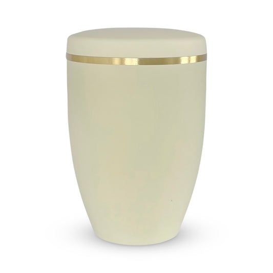 Beautiful and elegant cream coloured urn for ashes with adelicate golden ring.