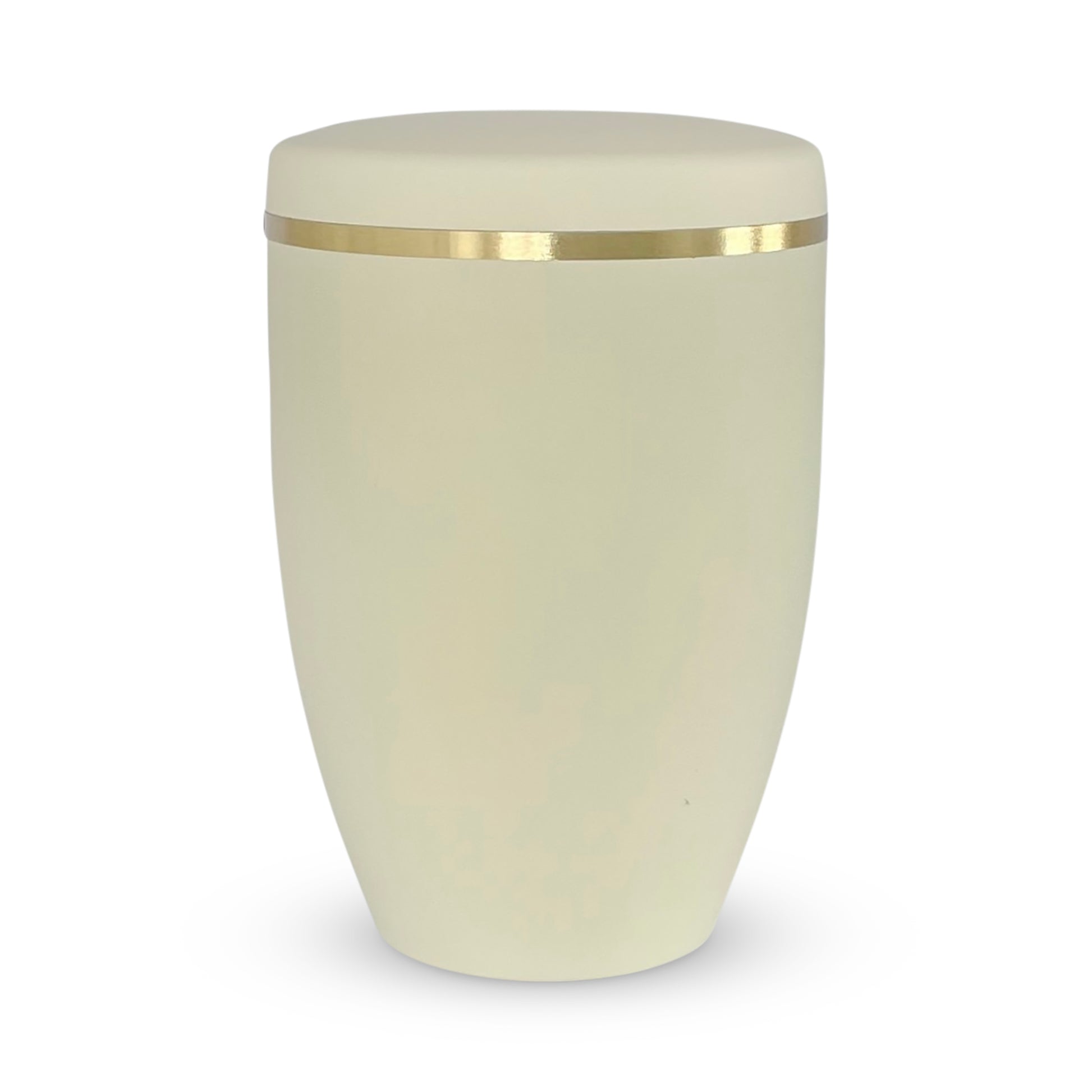 Beautiful and elegant cream coloured urn for ashes with adelicate golden ring.