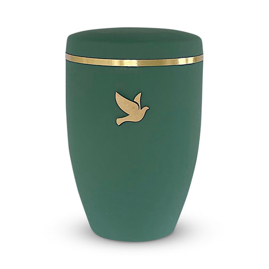 Beautiful sage green coloured urn for ashes with a small golden dove symbol and delicate golden band.