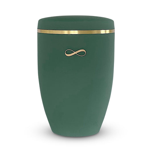 Stunning green funeral urn with delicate golden infinity symbol.