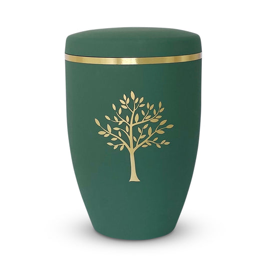 Beautiful sage green urn for ashes with golden tree of life.