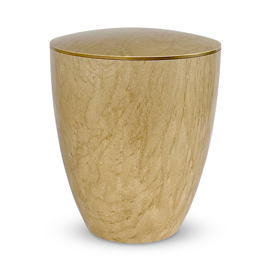Beautiful and natural looking blonde maple wood imitation urn for ashes with a delicate gold ring around the lid.