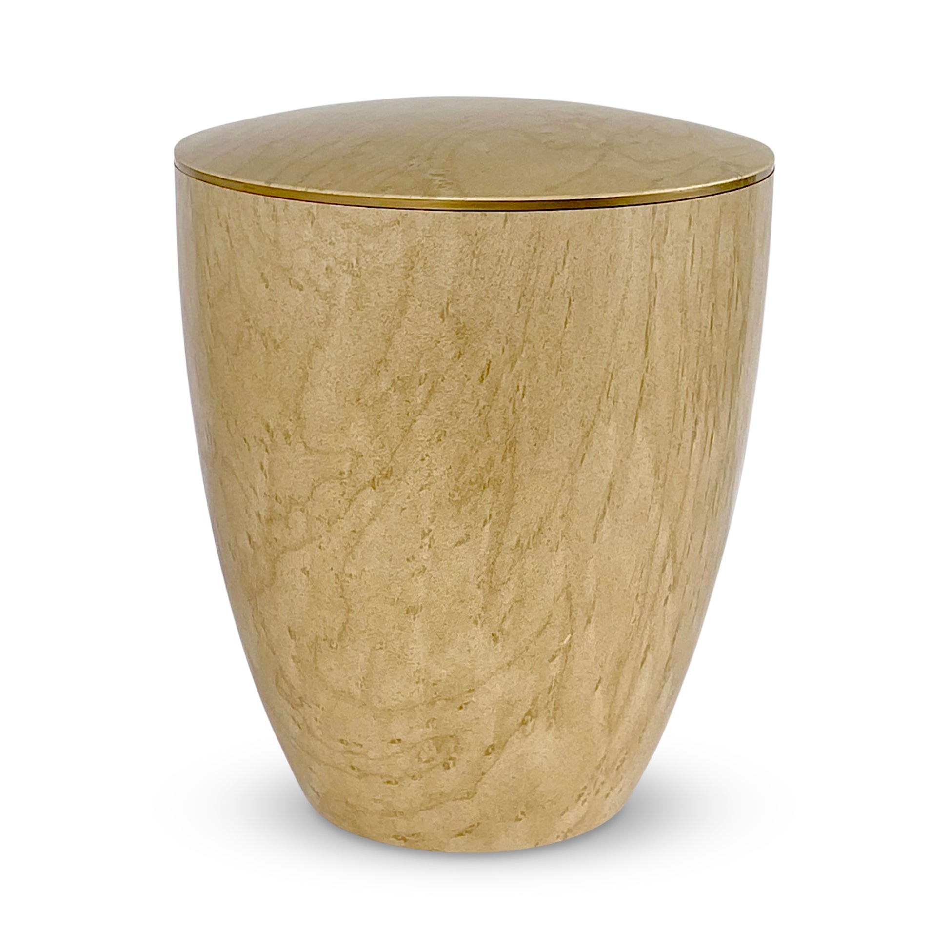 Beautiful and natural looking blonde maple wood imitation urn for ashes with a delicate gold ring around the lid.