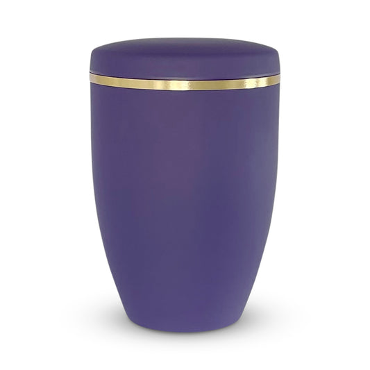 Stunning violet coloured cremation urn with delicate gold band. Biodegradable.