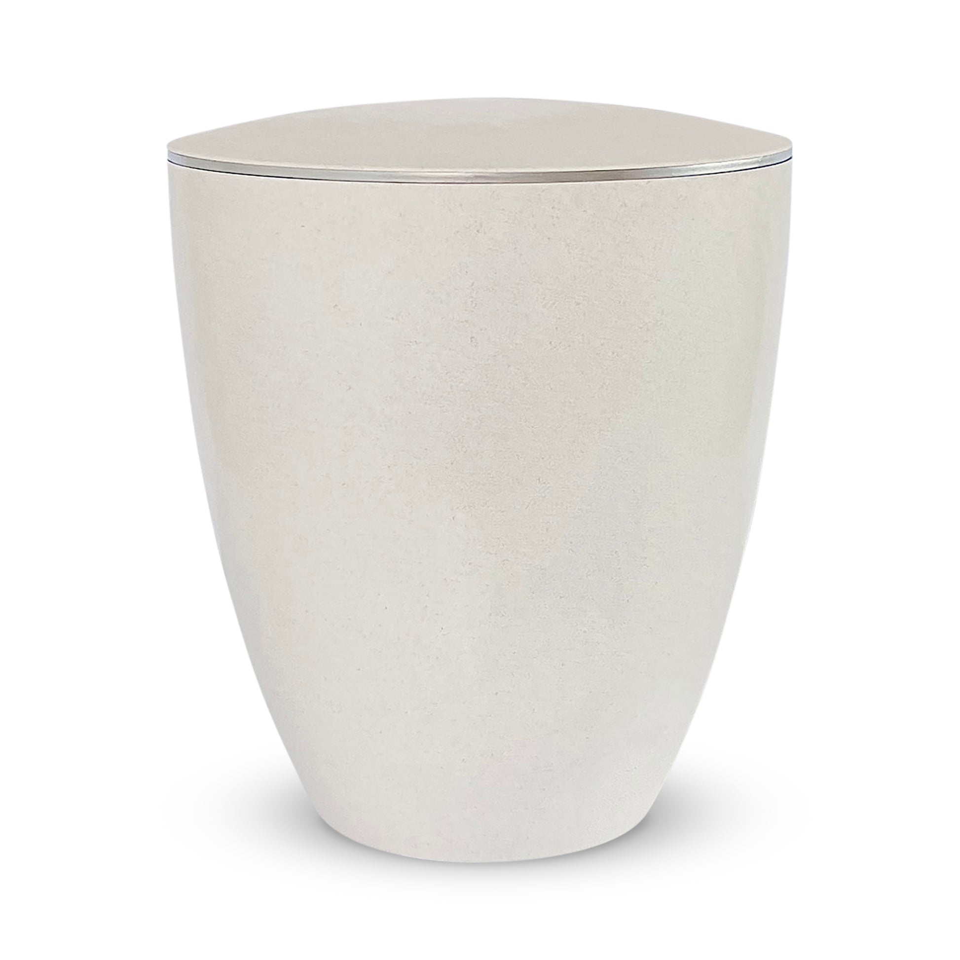 Elegant off-white urn for ashes with a delicate silver ring.