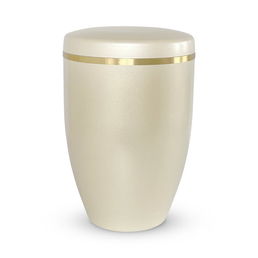 Beautiful cream coloured urn for ashes with a subtle shimmer and delicate gold band.