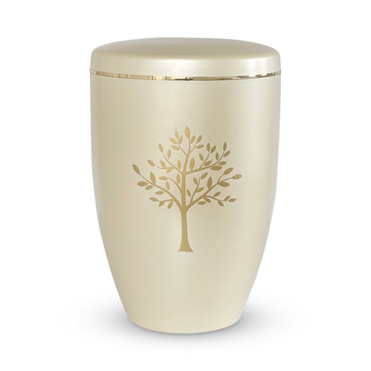 Beautiful cream coloured cremation urn with a subtle shimmer and an elegant golden tree of life.