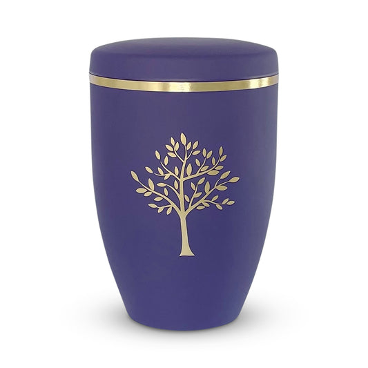 Beautiful violet urn for ashes with golden tree of life.
